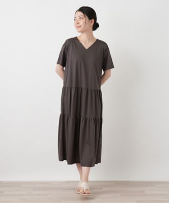 接触冷感】洗えるVネックティアードフレアワンピース | Leilian