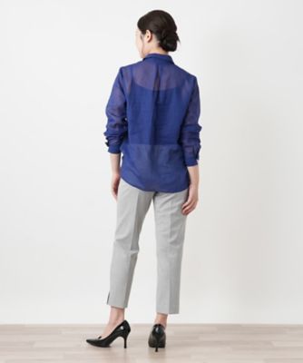 極美品 レリアン 13+ ピンタック パールボタンブラウス ブルー とろみ 現行 ピンタックシアーブラウス【Leilian WHITE LABEL