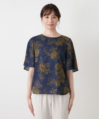 レオナール　花柄　牡丹　金ボタン　ノーカラー　ブラウス　総柄　洗える ボタニカル柄ノーカラーブラウス【Leilian WHITE