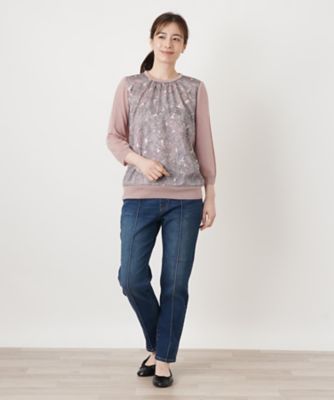 ペイズリー柄切替クルーネックニット【Leilian WHITE