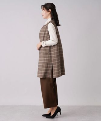 チェック柄キーネックロングベスト