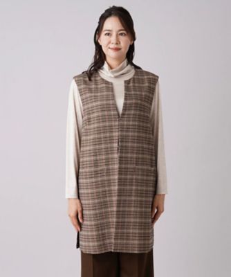 チェック柄キーネックロングベスト