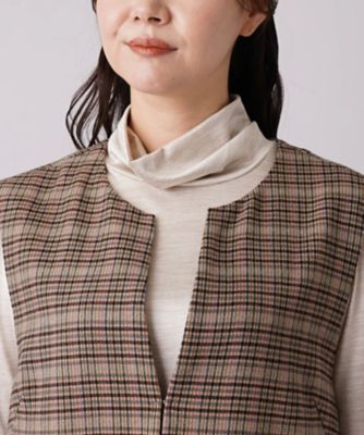 チェック柄キーネックロングベスト