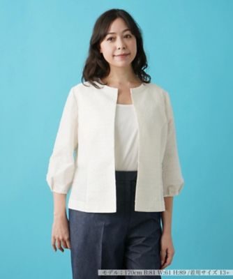 美品 レリアン プラスハウス ノーカラーライトジャケット 大きいサイズ ノーカラージャケット | Leilian plus house (Women/大きい