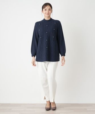 店舗人気】ケーブル編み切替ハイネックニット【Leilian