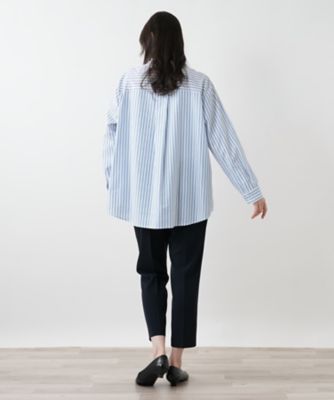 【店舗人気】スタンドカラーストライプシャツ【プラス企画】