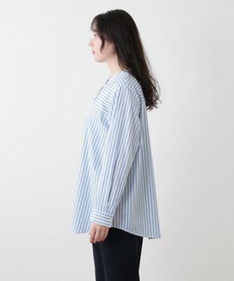【店舗人気】スタンドカラーストライプシャツ【プラス企画】