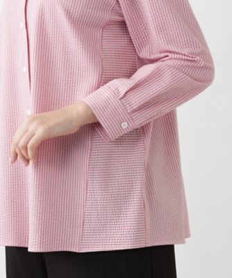 【店舗人気】ストライプバンドカラーブラウス【プラス企画】