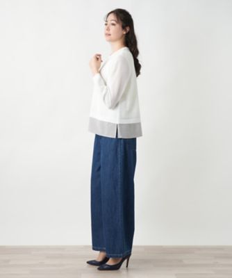 異素材切替クルーネックニット
