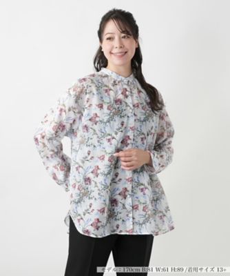 【店舗人気】フラワー柄バンドカラーブラウス