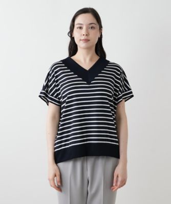 ボーダー切替Ｖネックカットソー【Ｌｅｉｌｉａｎ　ＷＨＩＴＥ　ＬＡＢＥＬ】