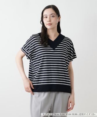 ＜Leilian plus house (Women/大きいサイズ)＞ボーダー切替Ｖネックカットソー【Ｌｅｉｌｉａｎ　ＷＨＩＴＥ　ＬＡＢＥＬ】