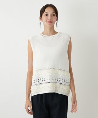 Leilian レリアン★アンサンブル 総柄 コート ロングジレ ベスト ニット カラーブロックニットベスト【Leilian WHITE