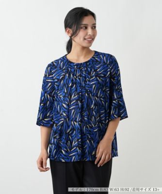 ウォッシャブル】プリントタックブラウス【Leilian WHITE