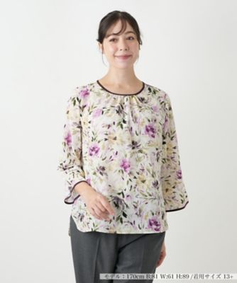 【新品】 Leilian レリアン ブラウス サイズ13+ 花柄 紺 白 フレア 花柄ブラウス【Leilian WHITE LABEL