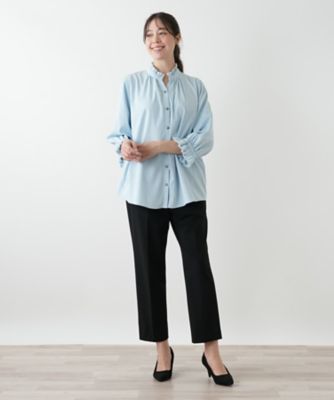 ROCHAS レリアン 大きいサイズ ウール フリルカラー ブラウス 総柄 プリントバンドカラーブラウス【ROCHAS Premiere】|レリアン