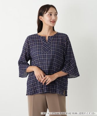 ＜Leilian plus house (Women/大きいサイズ)＞チェック柄フレアスリーブブラウス【Ｌｅｉｌｉａｎ　ＷＨＩＴＥ　ＬＡＢＥＬ】
