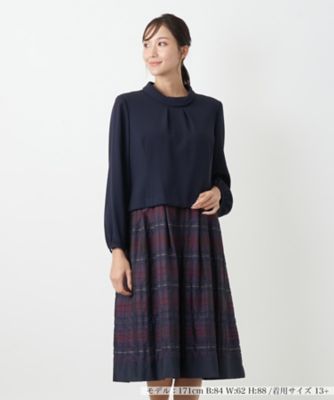 大きいサイズ レリアン ワンピース ネイビー 洗える ミディ丈 リボン 17号 Leilian plus house (Women/大きいサイズ)の大きいサイズ 13号