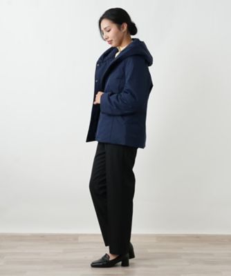レリアン13＋フード付きウールショートコート中綿ジャケットネイビー上品 フーディーショートアウター【Leilian WHITE LABEL