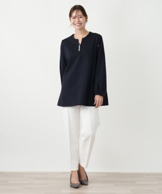 Leilian WHITE LABEL チュニック ネイビー M ボーダー 上品 洗えるストレッチチュニックブラウス【Leilian WHITE