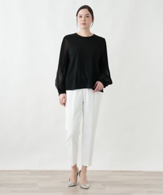 新品 Leilian レリアン 袖メロースタンドネックブラウス 13号 シアー 異素材シアー袖プリーツブラウス | Leilian plus house (Women/大きい