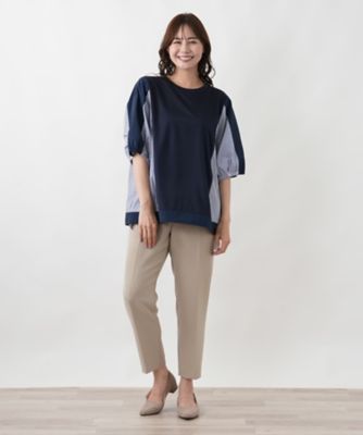 レース切り替えストライプストレッチチュニッ ストライプ切り替えプルオーバー【MUSE BY ROCHAS