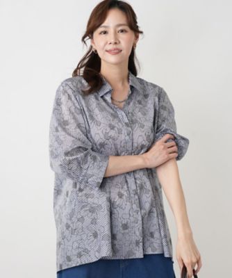 美品 Leilian ストライプ フレアシャツ 丈長め 大きいサイズ 13+ フラワーストライプシャツ | Leilian plus house (Women/大きいサイズ