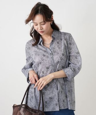 美品 レリアン 麻100% ストライプ シャツ　13+ リネン 大きいサイズ フラワーストライプシャツ | Leilian plus house (Women/大きいサイズ