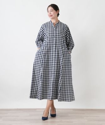 極美品 ダイアグラム リネン混 ギンガムチェック カプリーツワンピース 日本製 ギンガムチェックバンドカラーワンピース【NEMIKA】 | Leilian