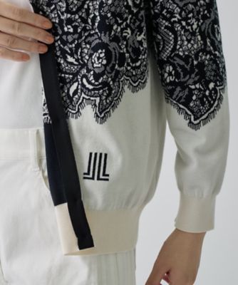 ランバンコレクション　七分袖コットンカーディガン　フラワー総柄　モノクロ　38 ジャカードニットカーディガン|LANVIN COLLECTION | LANVIN COLLECTION