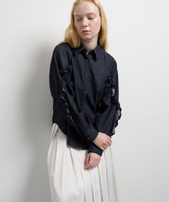 ＜LANVIN en Bleu (Women)＞ポリエルテルウール／デニムフリルブラウス