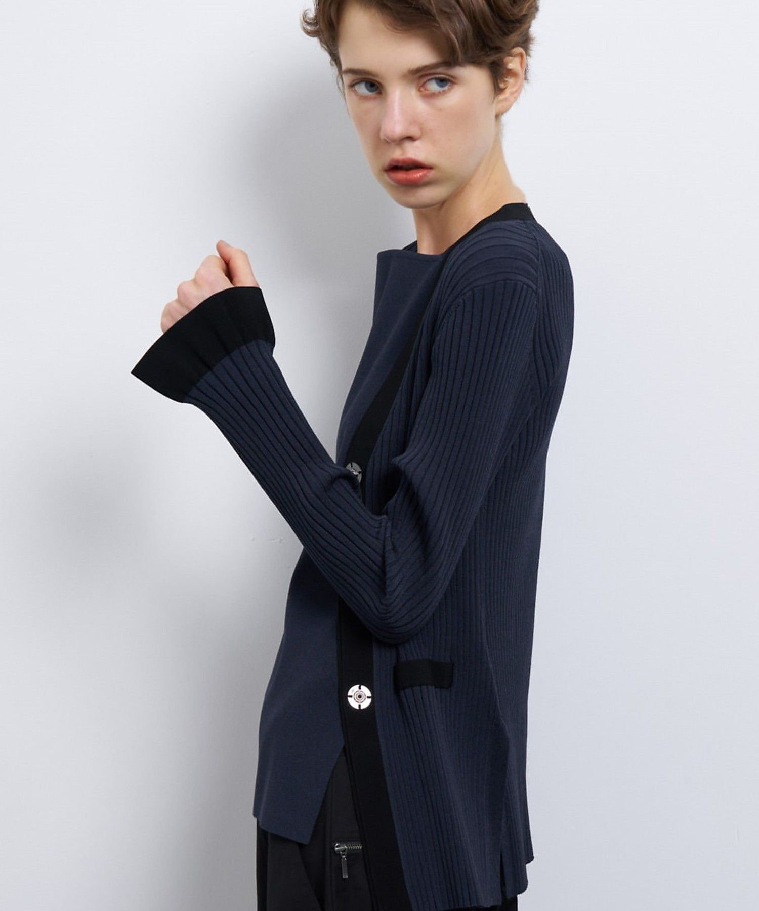 バイカラー?Xネックリブカーディガン | LANVIN en Bleu (Women バイカラー?Xネックリブカーディガン | LANVIN en Bleu (Women
