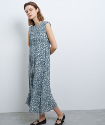 ＜LANVIN en Bleu (Women)＞Ｋａｌｅｉｄｏｓｃｏｐｅ　ｌｏｇｏ　プリントプリーツワンピース