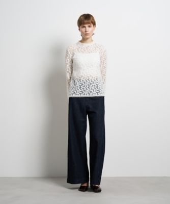 ランバンオンブルー 花柄 総刺繍 半袖 ブラウス シアー パフスリーブ 白 フラワーチュールブラウス | LANVIN en Bleu (Women)/ランバン オン
