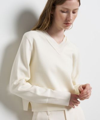 LANVIN en Bleu ランバンオンブルー ニット セーター ホワイト 白 サイズ:38(M) プルオーバー 長袖 エアヤーン ダブルカフス ステッチ ウール 日本製 トップス 【レディース】【中古】 LANVIN en Bleu ランバンオンブルー ニット セーター ホワイト 白
