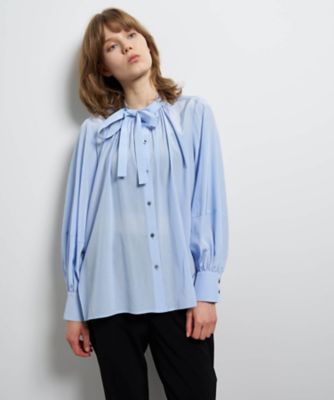 【新品】ランバンオンブルー スタンドカラータックブラウス リボンタイ ブルー トリアセローンボウタイリボンブラウス | LANVIN en Bleu (Women