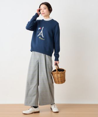 後ろウエストゴム　のびのびチェックのワイドパンツ