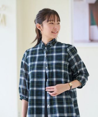 洗える　ブラックウォッチのスタンドフリルシャツ