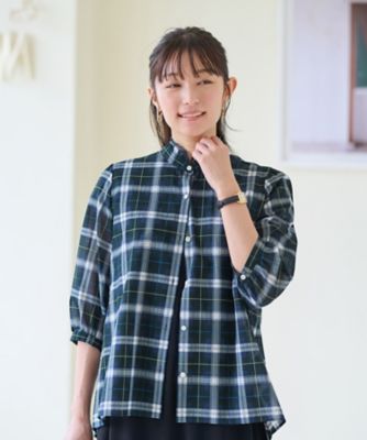 洗える　ブラックウォッチのスタンドフリルシャツ