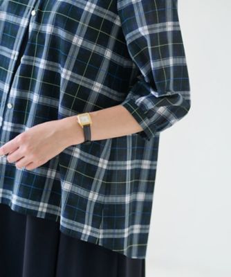 洗える　ブラックウォッチのスタンドフリルシャツ