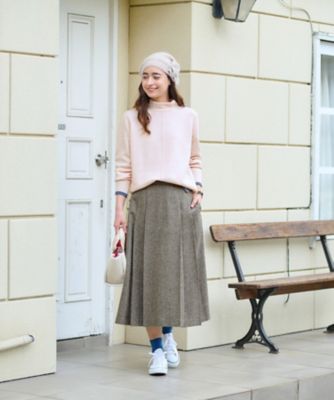 ツイード　ウエストゴム伸縮タックフレアスカート【ピンクリボン】【セットアップ】