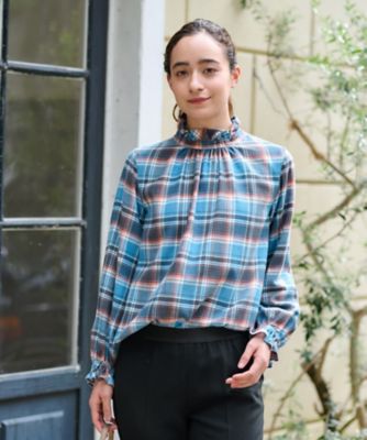 ＜CARA O CRUZ (Women)＞洗える　チェックのスタンドフリル　ネルブラウス【ＳＯＭＥＬＯＳ】