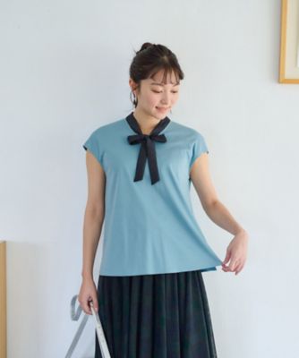 洗える　バイカラーボウタイフレンチスリーブトップス