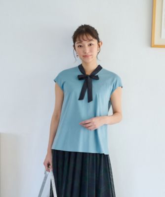 洗える　バイカラーボウタイフレンチスリーブトップス