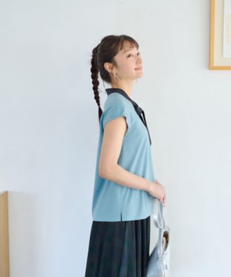 洗える　バイカラーボウタイフレンチスリーブトップス