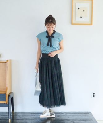 洗える　バイカラーボウタイフレンチスリーブトップス