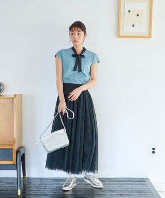 洗える　バイカラーボウタイフレンチスリーブトップス