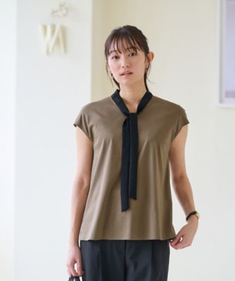洗える　バイカラーボウタイフレンチスリーブトップス