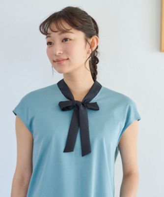 洗える　バイカラーボウタイフレンチスリーブトップス