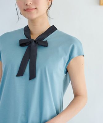 洗える　バイカラーボウタイフレンチスリーブトップス
